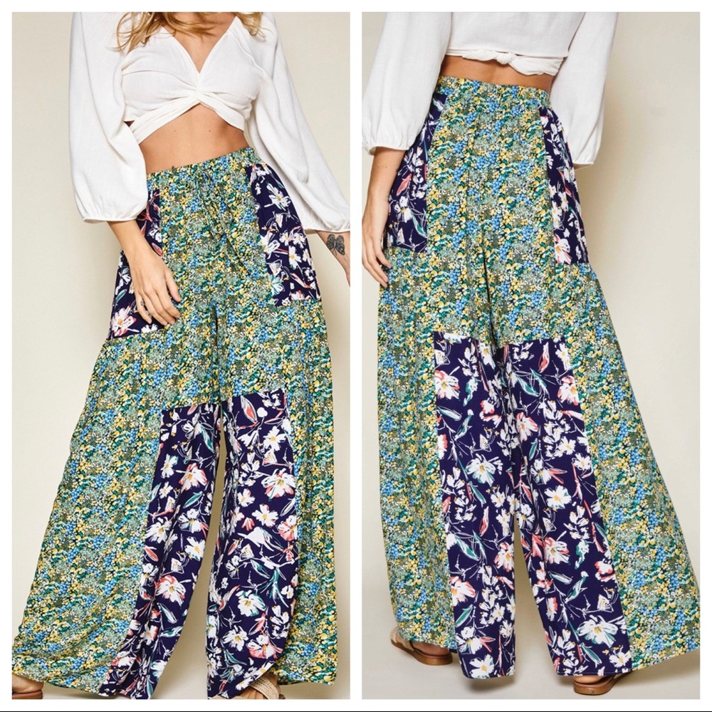 #36 Lindsey boho chic wide leg mixed floral print pants - Picture 2 of 4